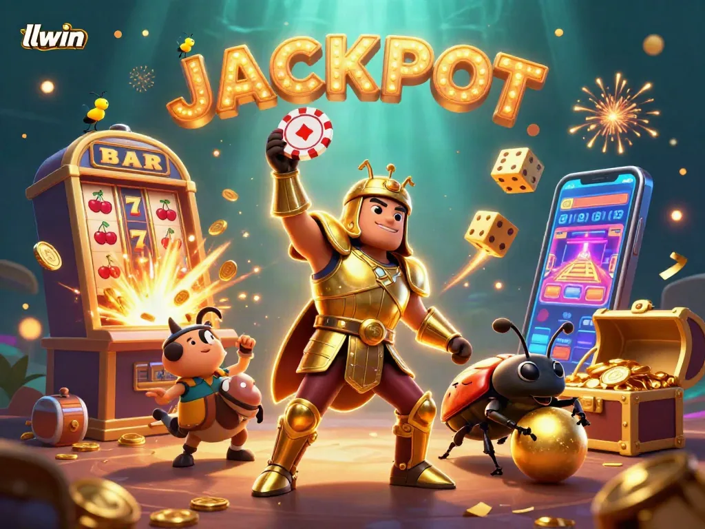 Experience the excitement of LLWIN with a vibrant illustration of a heroic beetle in a casino themed scene.