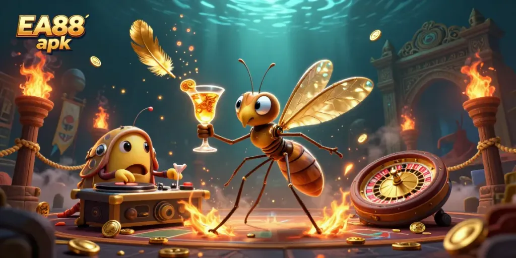Experience gaming excitement with EA88 apk through a vibrant, dynamic casino-themed illustration featuring unique characters and atmospheric effects.