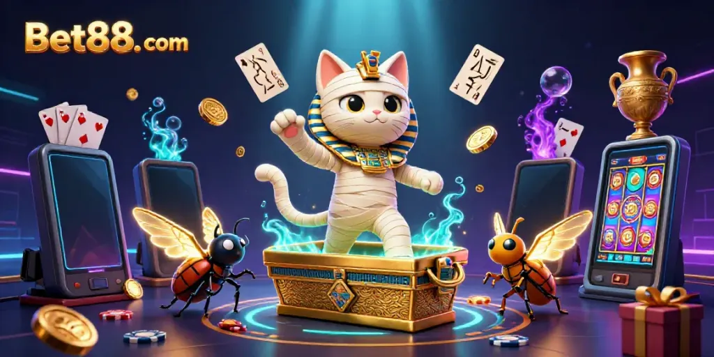 Experience thrilling gameplay at Bet88. com with mesmerizing 3D Egyptian-themed casino illustration.