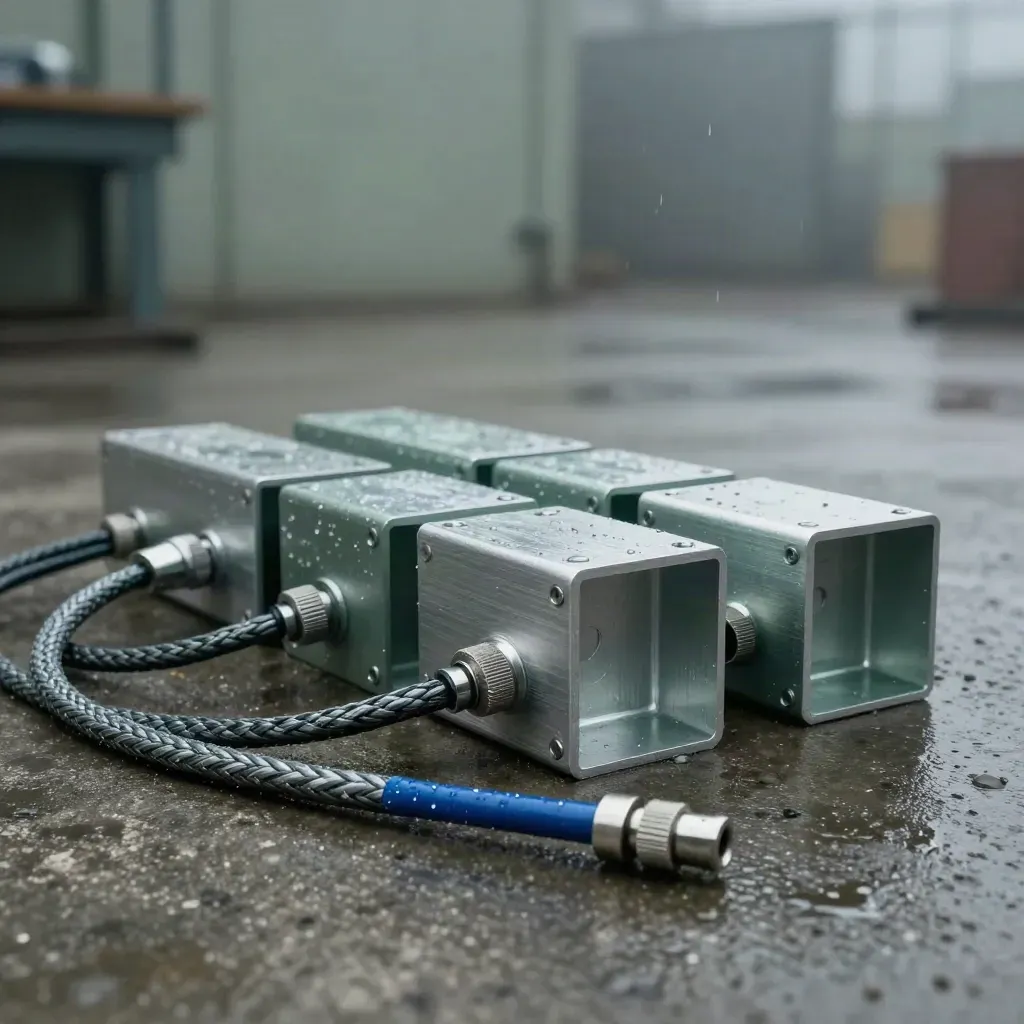 Aluminium prototype housings and a blue test lead on rain-dark concrete in dawn mist.