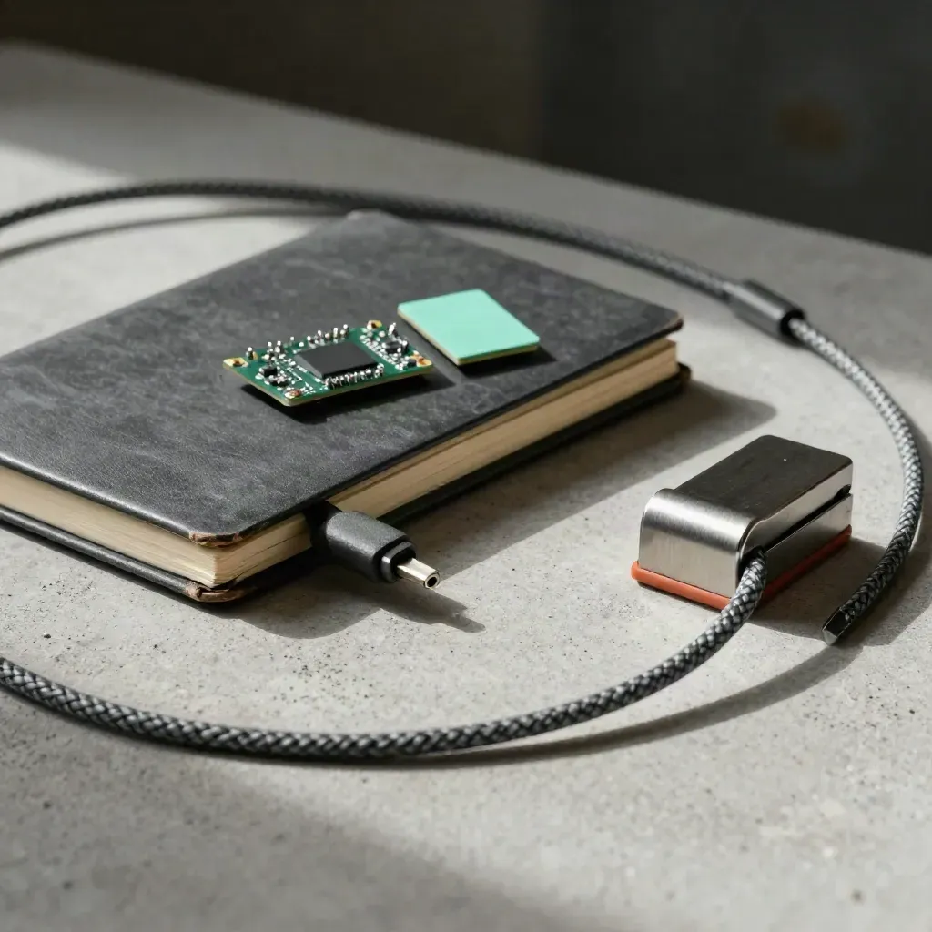 Notebook, braided cable, PCB and steel paperweight on pale concrete, close-up