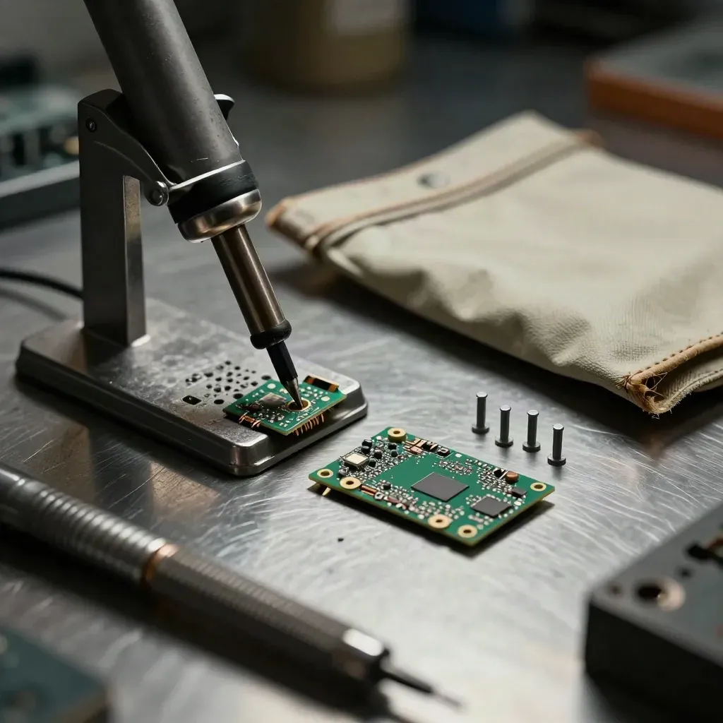 Brushed steel bench kit with soldering stand, PCB offcuts and fanned hex standoffs in haze.