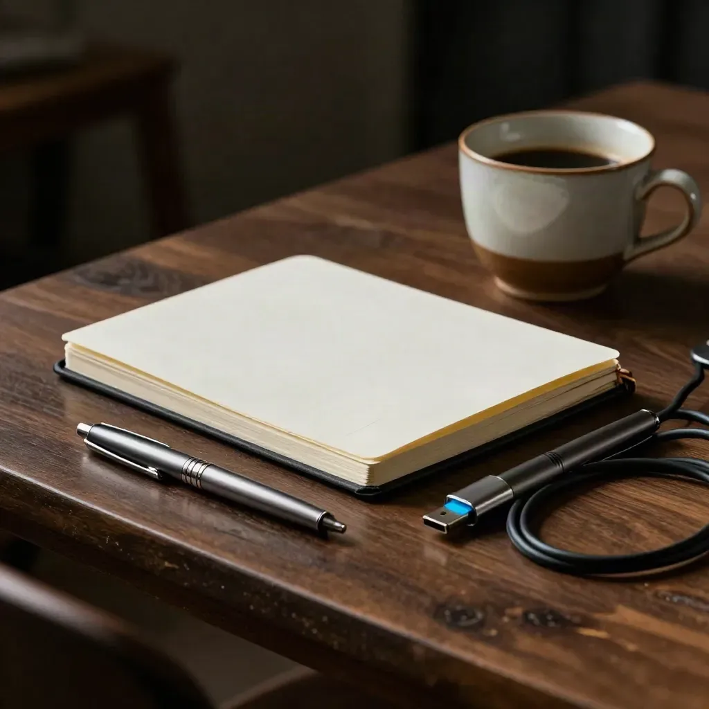 Notebook, metal pen, cable coil and coffee cup on dark walnut in moody studio light.