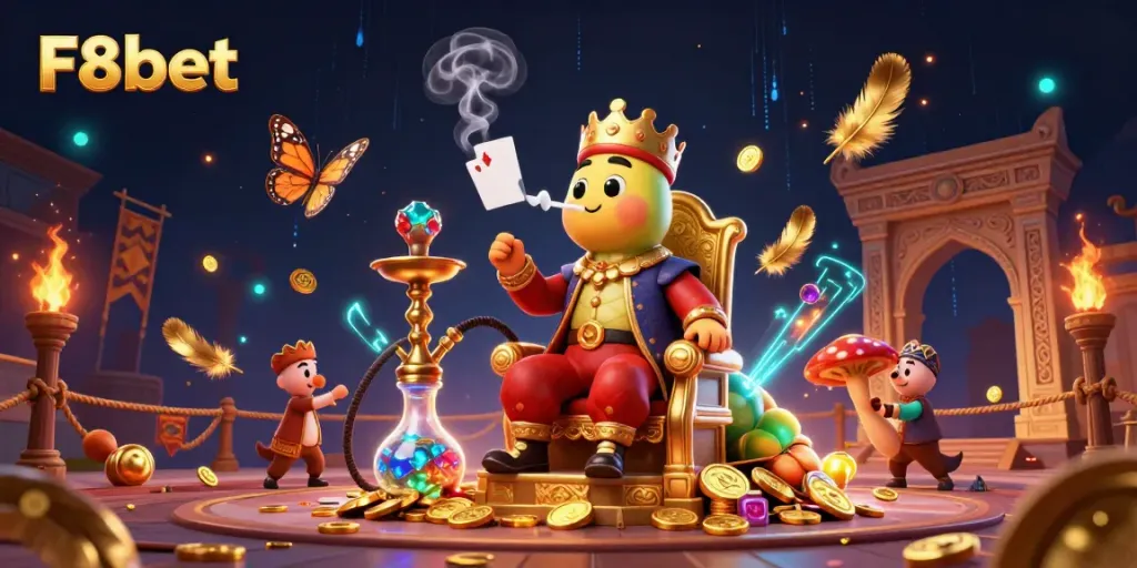 Engage with F8bet's lively casino scene featuring an animated caterpillar hookah-master and dynamic gaming elements.
