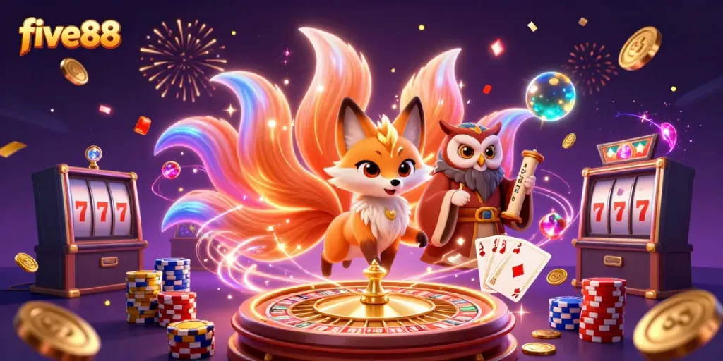 Experience vibrant winning moments with five88 in this dazzling casino-themed 3D illustration featuring enchanting characters.