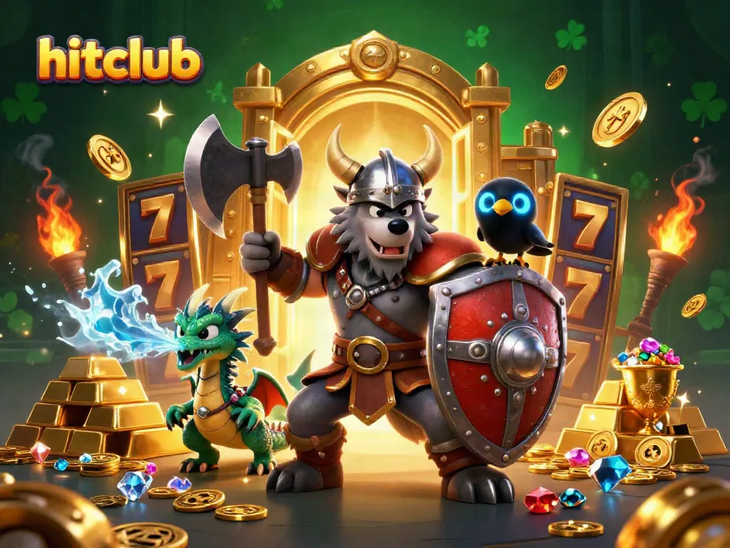 Experience thrilling games at hitclub with our vibrant Viking warrior and treasures scene.