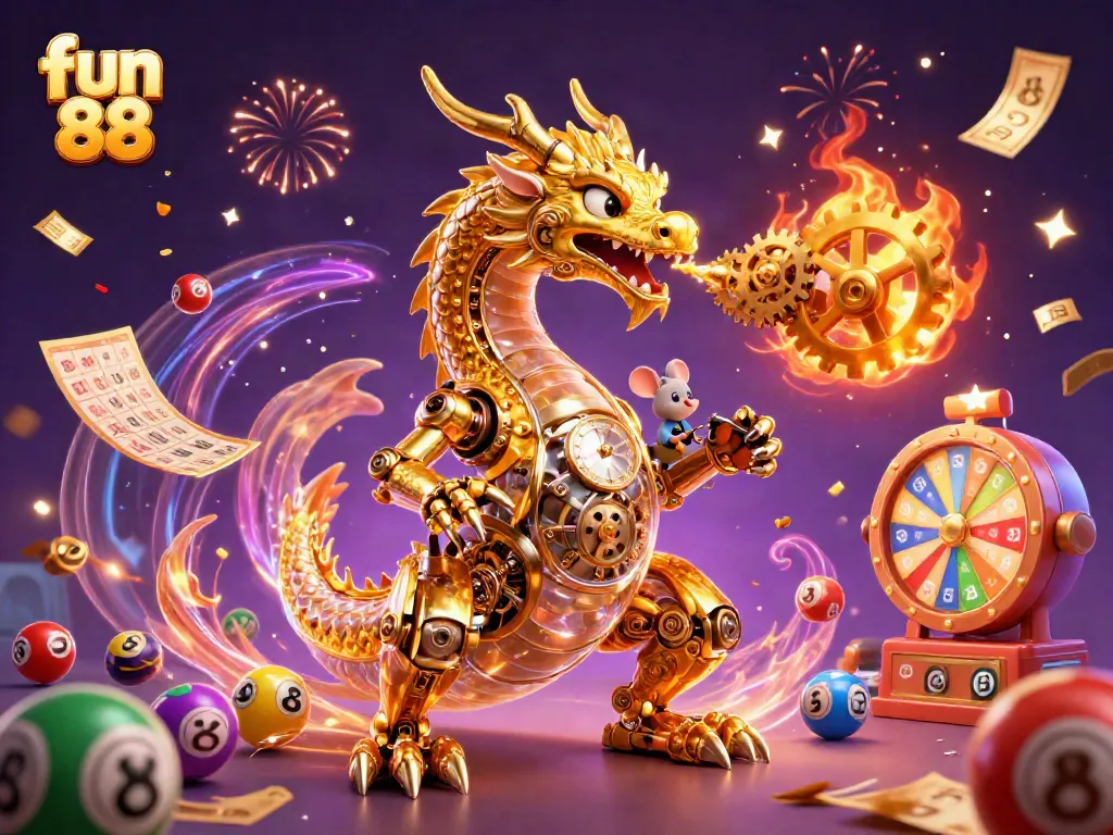 Experience excitement with fun 88 as a golden dragon unleashes treasures in a dynamic casino scene.