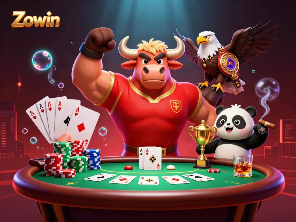 Zowin engages players with a triumphant bull mascot, eagle, and panda celebrating at a casino