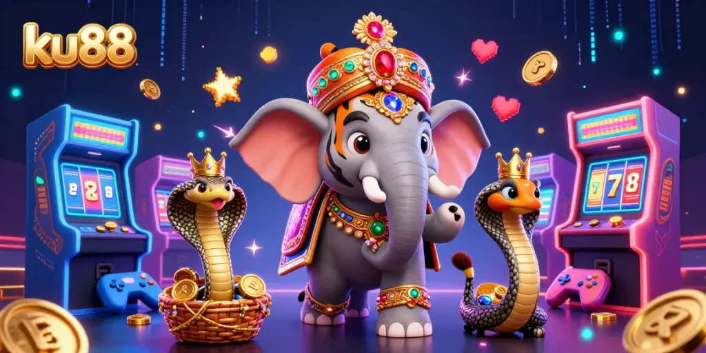 Engage with thrilling ku88 slots featuring a dynamic scene of a noble tiger and elephant.