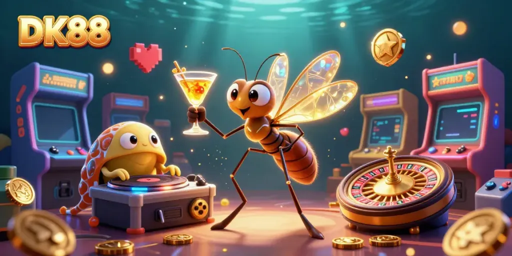 Experience DK88 through vibrant 3D art with casino elements and dynamic characters.