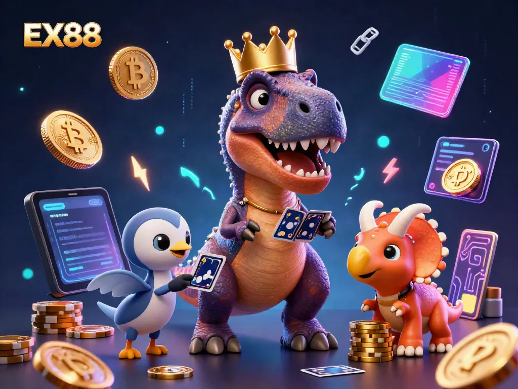 Experience the excitement of EX88 with T-Rex shuffling cards alongside gaming elements and vibrant colors.