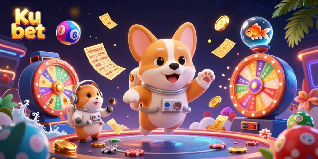 Experience Ku bet with an ultra-detailed 3D scene featuring a floating casino atmosphere filled with excitement.