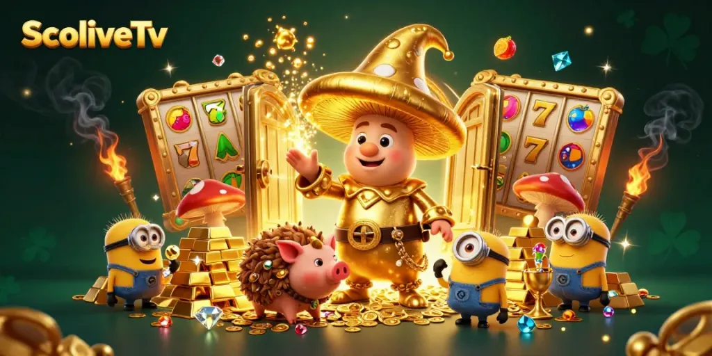 SocoliveTv creates a magical casino scene with golden mushroom wizard, snuffling truffle pig, sparkling treasures, and slot game elements