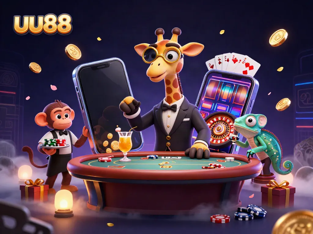 Experience the excitement of uu88 with a high-roller giraffe and friends in a vibrant casino scene.