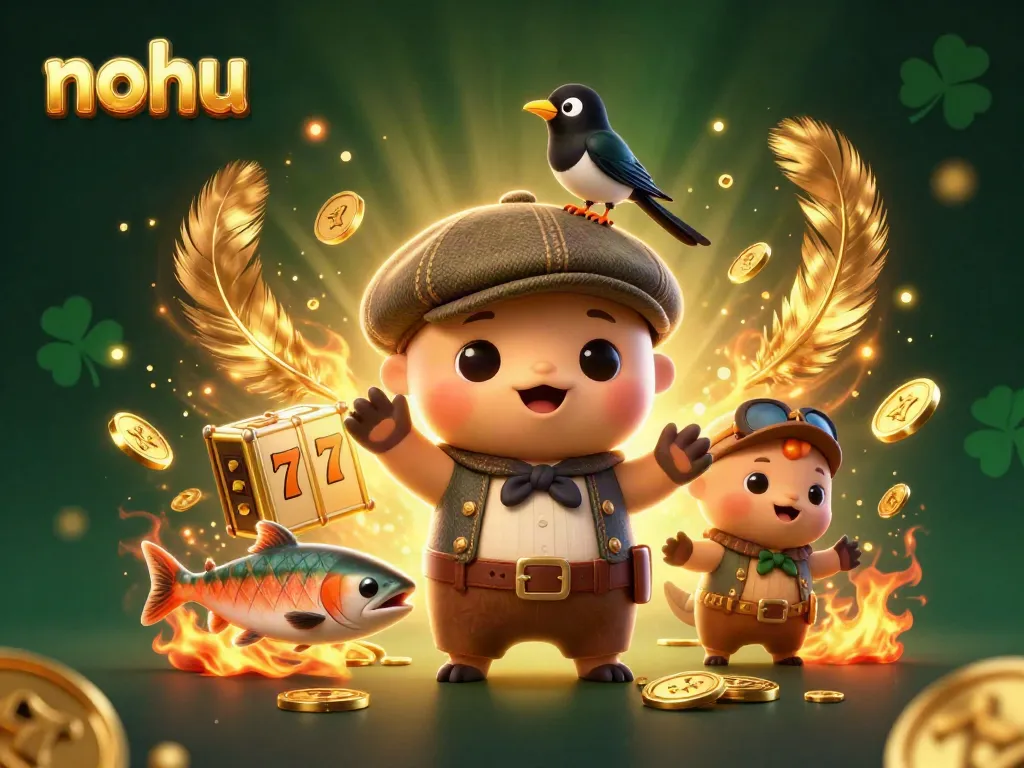 Spin the nohu jackpot with a cute cartoon Nessie and gold-obsessed magpie amidst golden coins.