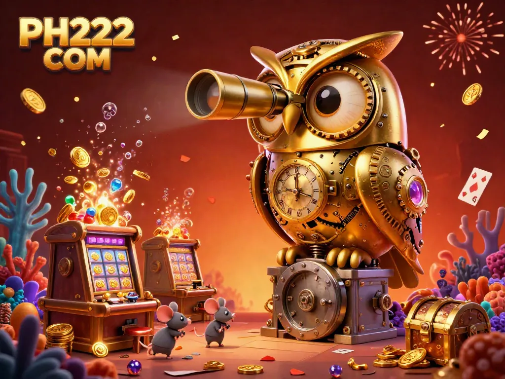 Experience thrilling games on PH222 COM with a dynamic 3D illustration of a casino scene featuring a clockwork owl and lively patrons.