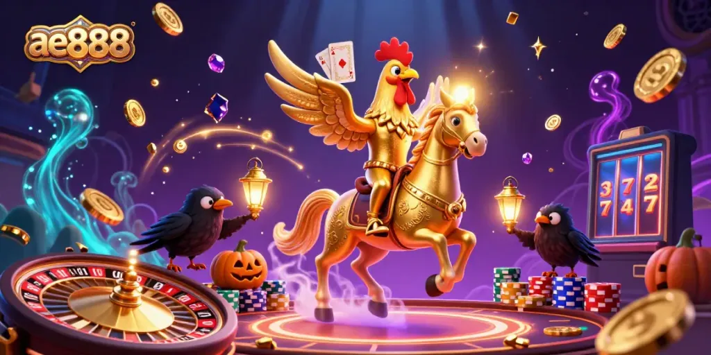 Experience ae888's mystical casino adventure with golden rooster and vibrant game elements.