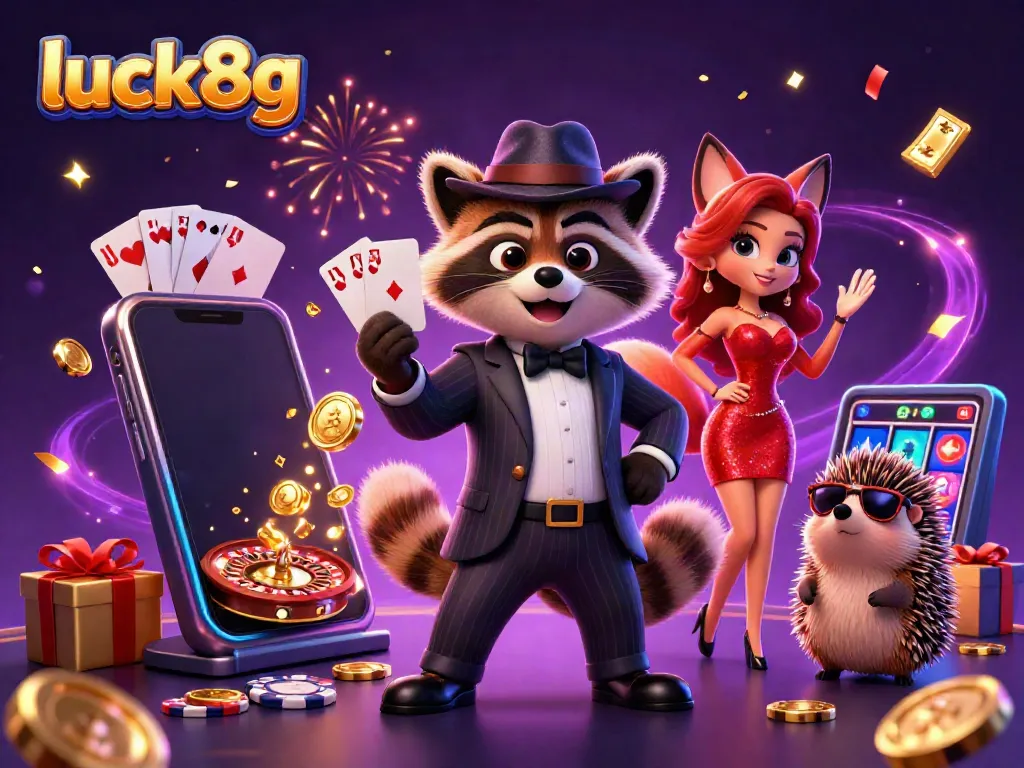 Engage with luck8g online casino platform featuring a raccoon, fox, and hedgehog enjoying games and excitement.