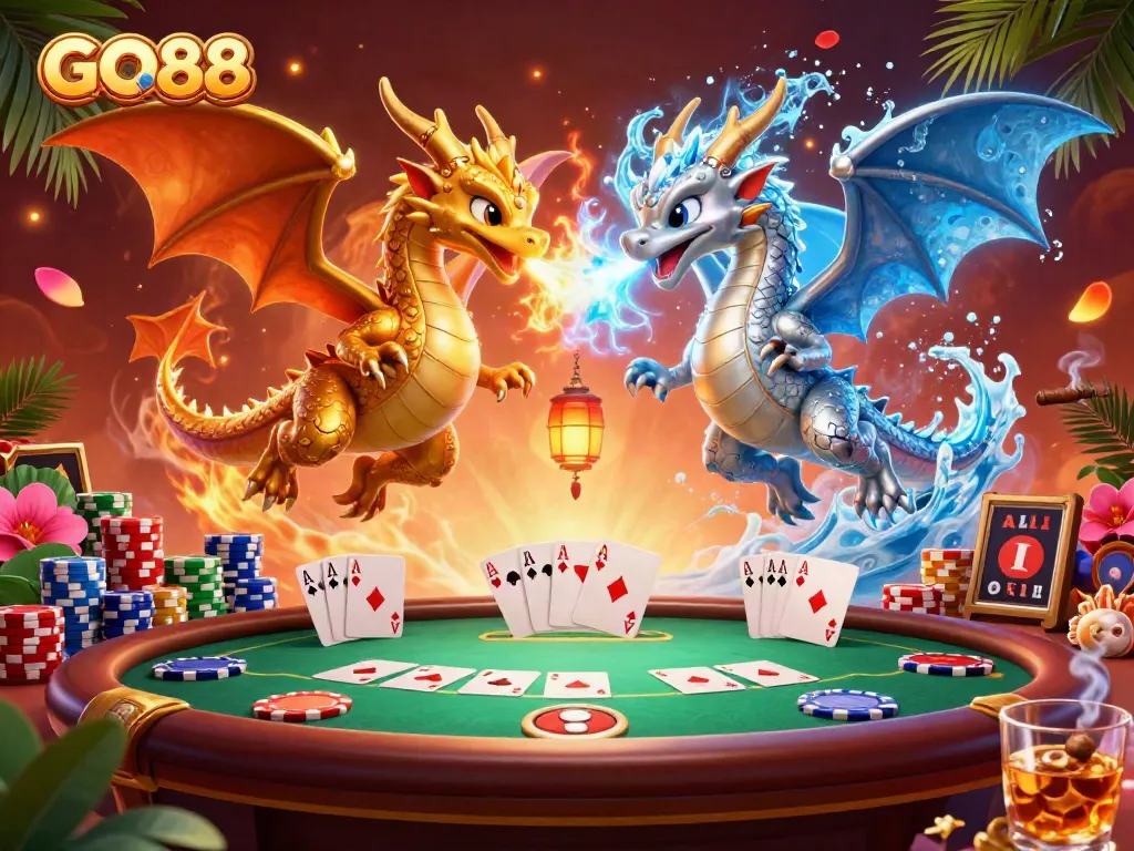 Engage with GO88's gaming excitement featuring dragons, poker elements, and vibrant visuals.
