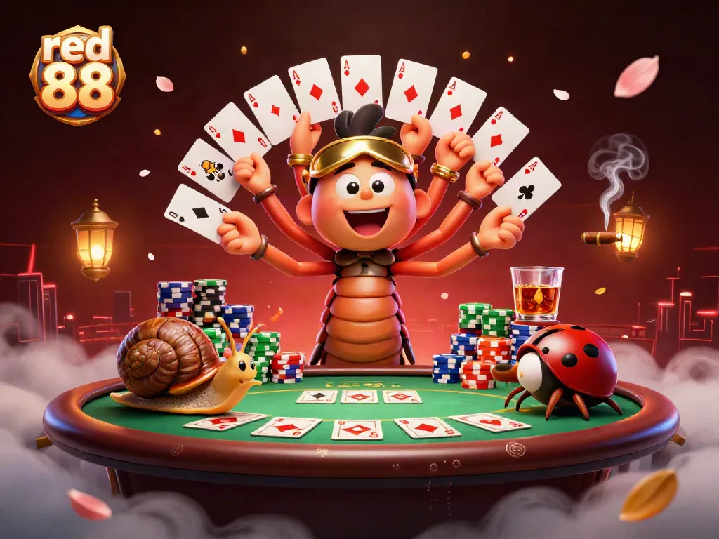 Experience thrilling gameplay at red 88, featuring a dynamic casino scene with cartoon characters and poker elements.
