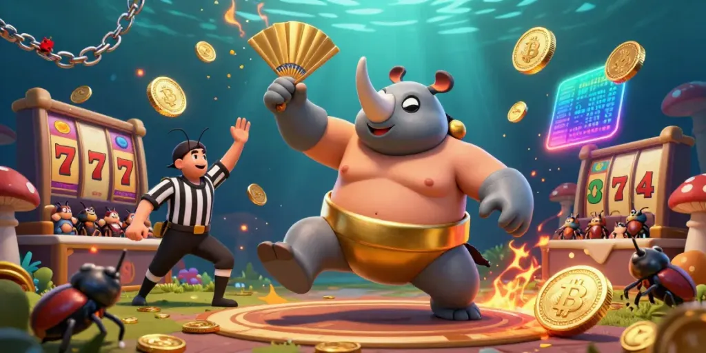 Experience thrilling X88 casino action with a dynamic scene featuring a rhinoceros beetle champion and explosive gold coins.