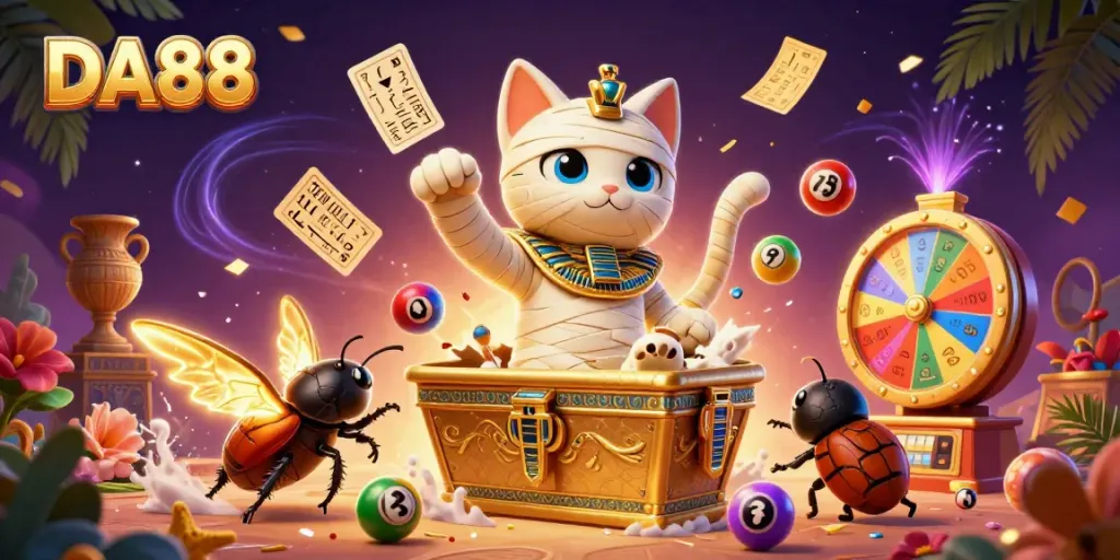 Engage with DA88 in a lively casino scene featuring a mummy cat and vibrant lottery elements.