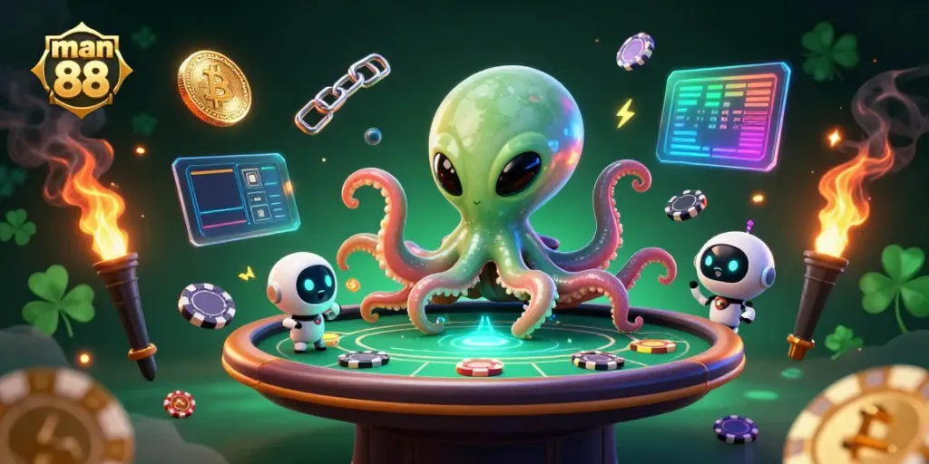Experience thrilling poker action at man 88 with an alien octopus and neon crypto elements.
