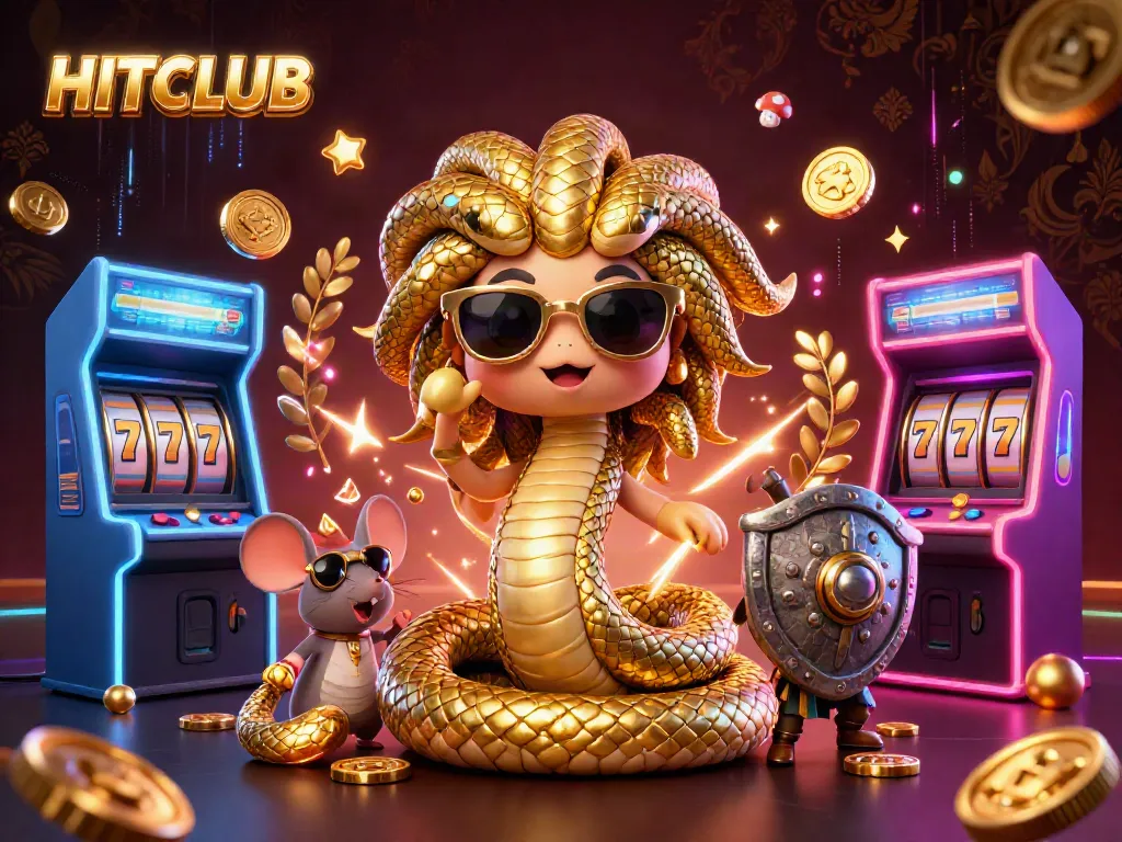 Engage with HITCLUB's captivating Medusa and a warrior mouse in an energetic casino scene.