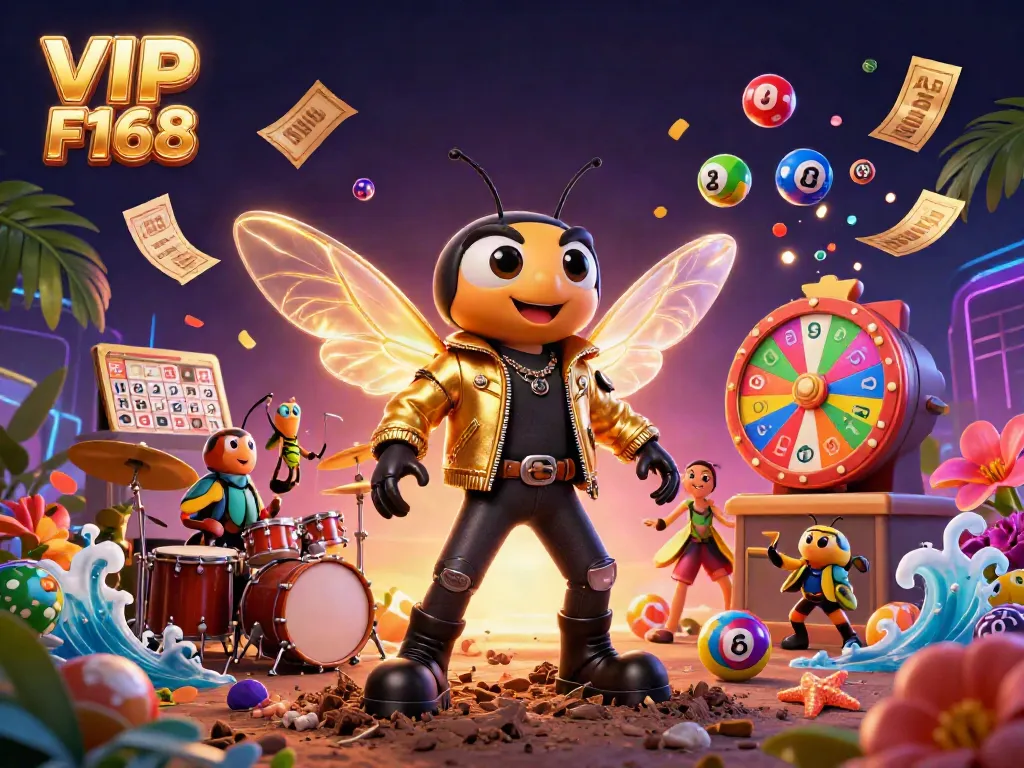 Experience the vibrant energy of VIP F168 with dynamic lottery balls and lively casino characters.