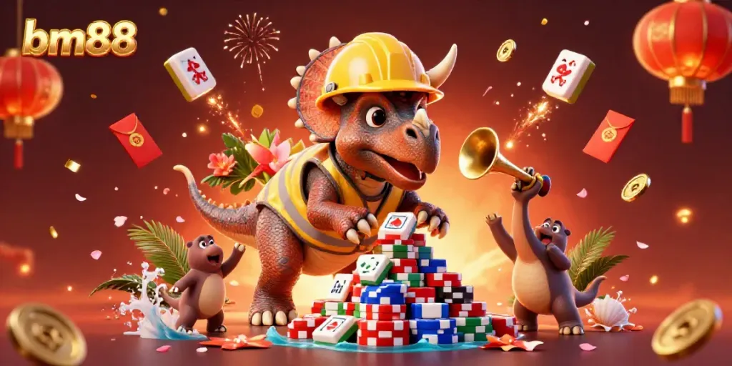 Experience the excitement of bm88 with a vibrant 3D cartoon illustration of a triceratops building a poker chip pyramid.