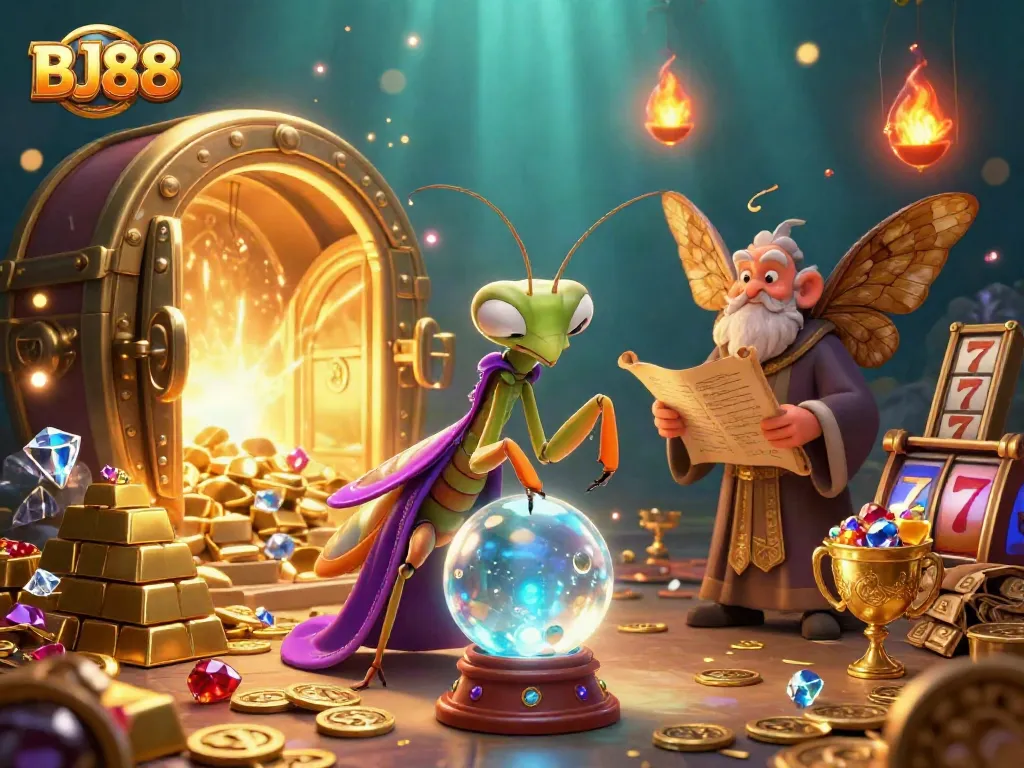 BJ88 unleashes a magical fortune, peering into a crystal ball surrounded by dynamic casino elements.