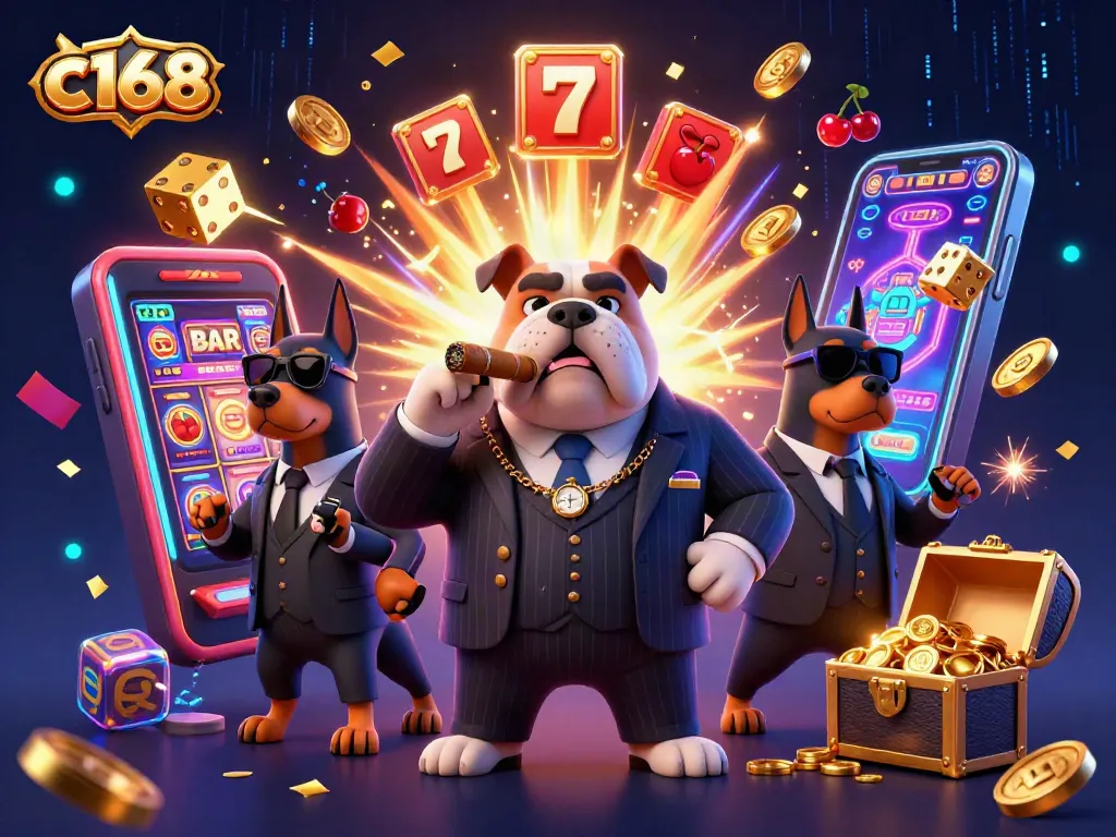 c168 brings excitement to the scene with a jackpot explosion from slot machines and playful casino characters.