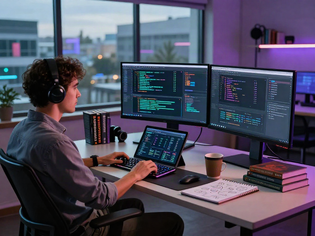 Engaging workspace with nsfw ai software on monitors, showcasing innovative tech for adult entertainment.