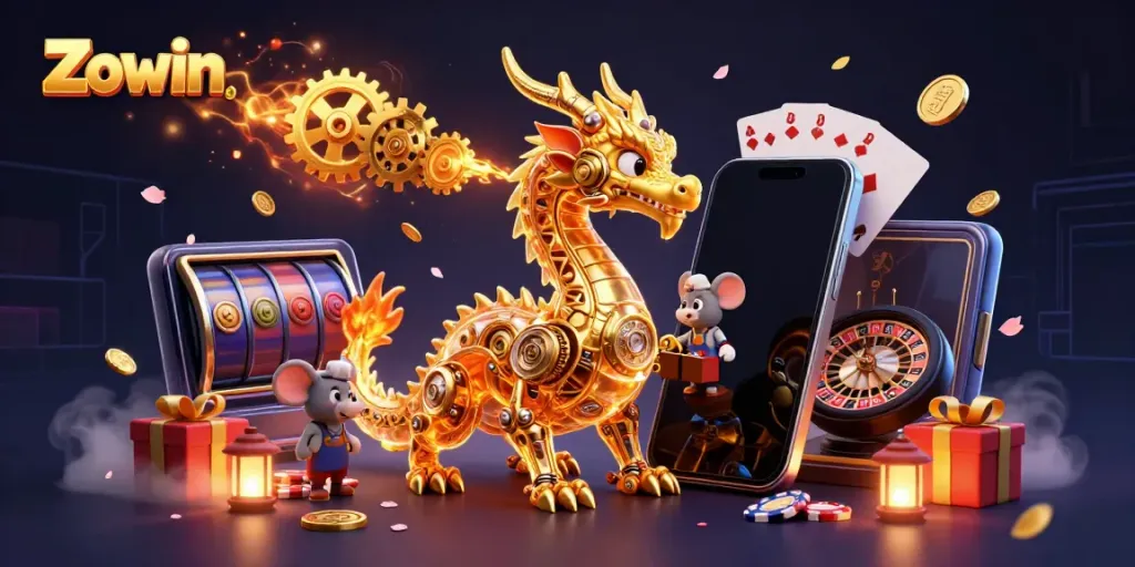 Zowin's vibrant gaming world showcases a golden dragon and a mouse engineer amidst dynamic 3D slots and coins.