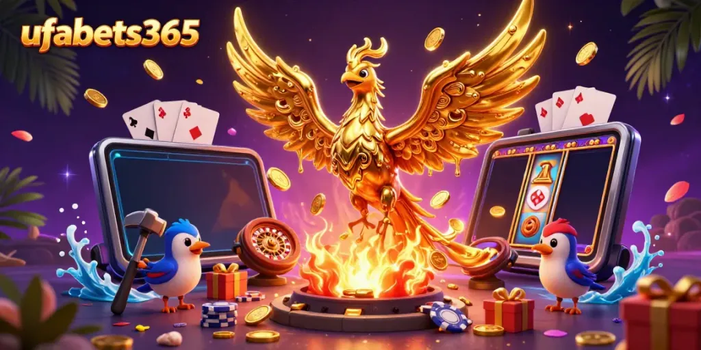 Experience thrilling golden wins on ufabets365 with a vibrant casino adventure scene featuring a phoenix.