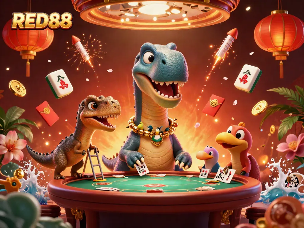 Engage with RED88 in this vibrant casino scene featuring dinosaur characters and festive game elements.