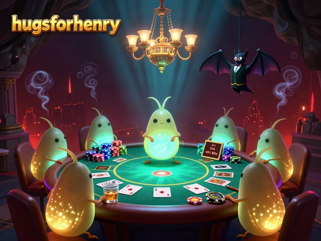 Experience the vibrant cave casino world of hugsforhenry with glowing characters and poker elements.