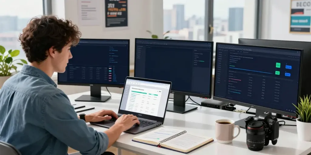 Digital marketer immersed in instant indexing strategies in a sleek workspace.