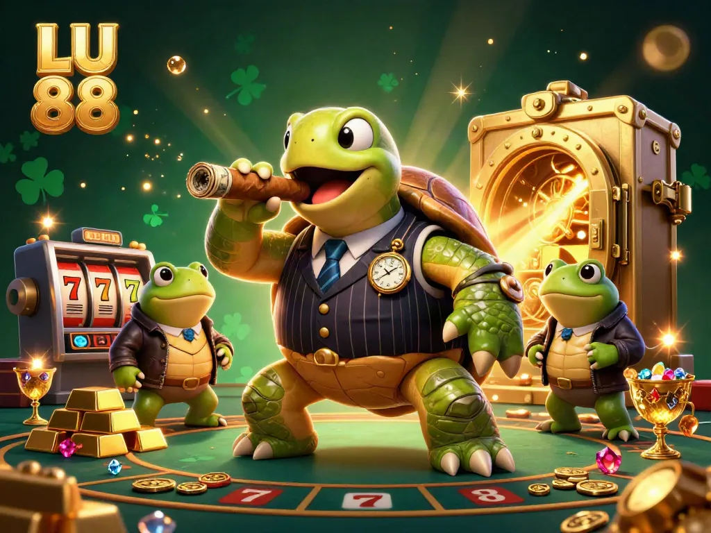Experience the vibrant LU 88 casino scene with a snapping turtle mobster and frog enforcers.