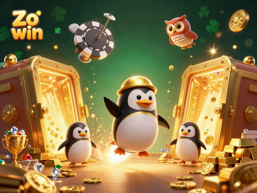 Experience the thrilling adventure at Zo win with a golden penguin speeding through a colorful cosmic casino.