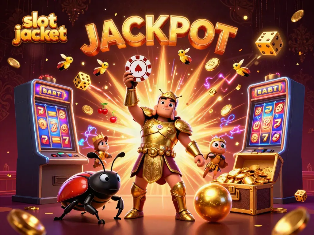 Experience slot jackpot excitement with a heroic beetle lifting a poker chip surrounded by vibrant gaming elements.