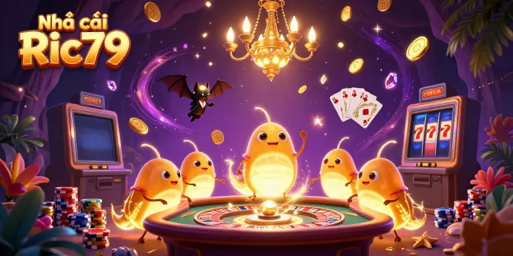 Experience the thrills of Nhà cái Ric79 with vibrant casino action illuminated by glowing creatures.