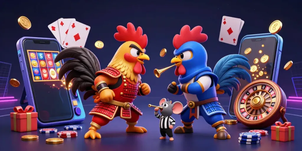 Battle scene with DN88 roosters in armor and ninja gear amidst slot games and poker elements.