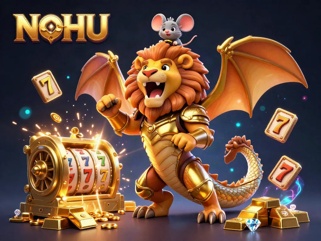 Experience the thrill of NOHU with this dynamic casino-themed scene featuring a powerful chimera and treasure elements.