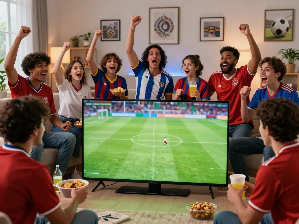 Fans enjoying a live socolive football match in a cozy setting, captured in an energetic atmosphere.