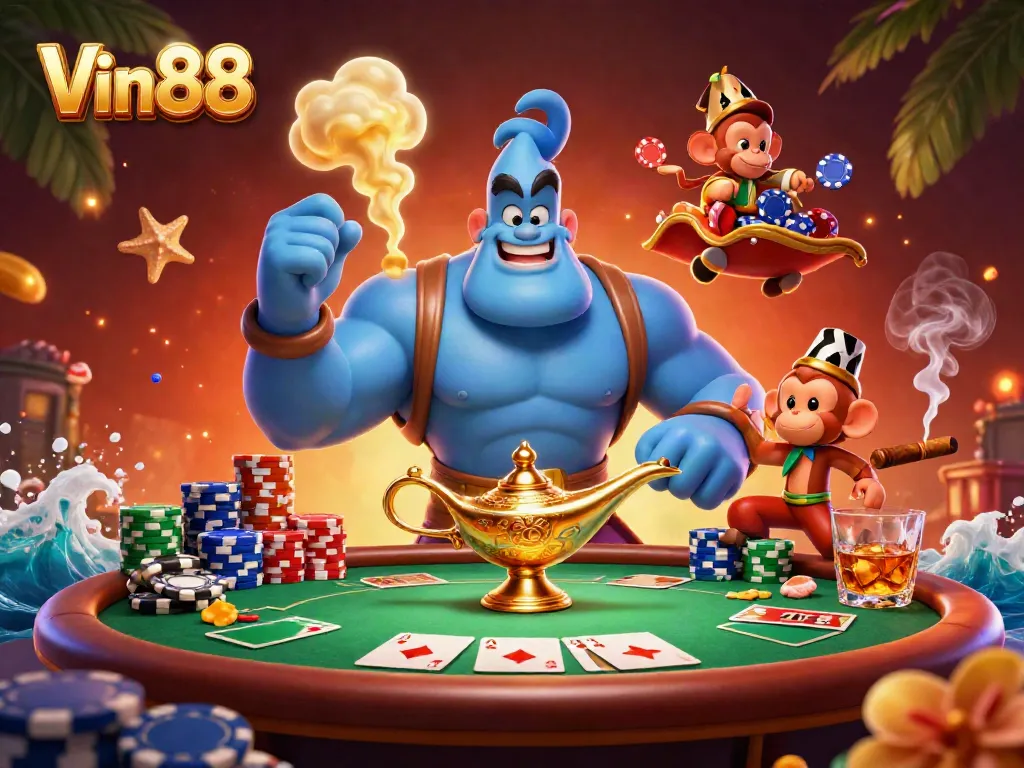 Experience thrilling poker action with Vin88's vibrant characters and dynamic casino elements.