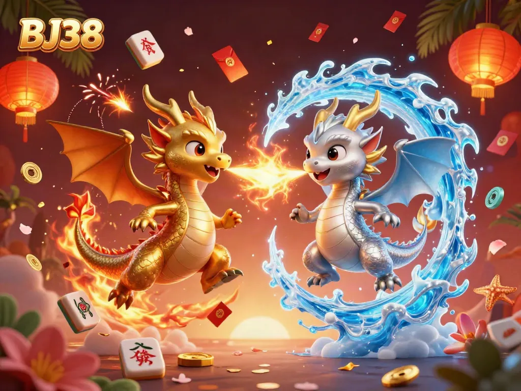 Engage with BJ38's thrilling gaming experience featuring a dynamic 3D scene of dragons and casino elements.