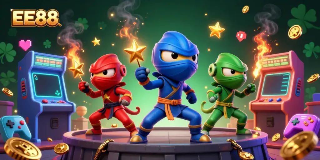 EE88 chameleon ninjas engage in dynamic casino-themed action, surrounded by game elements.