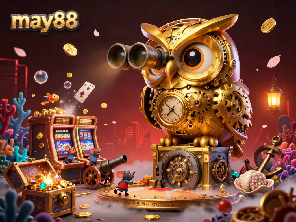 Experience may88 with a vibrant casino scene featuring a golden owl and curious mouse patrons exploring exciting games.