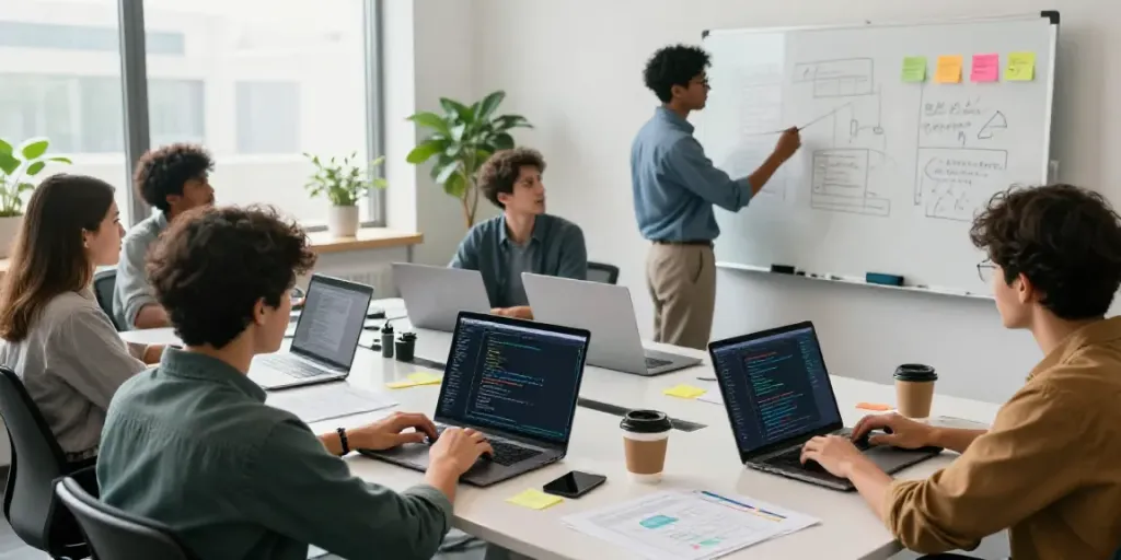 Collaborative team brainstorming AI-first hosting solutions in a modern workspace